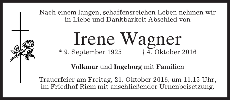  Traueranzeige für Irene Wagner vom 15.10.2016 aus merkurtz