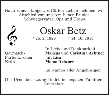 Traueranzeige von Oskar Betz von merkurtz
