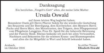 Traueranzeige von Ursula Oswald von merkurtz