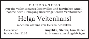 Traueranzeige von Helga Veitenhansl von merkurtz