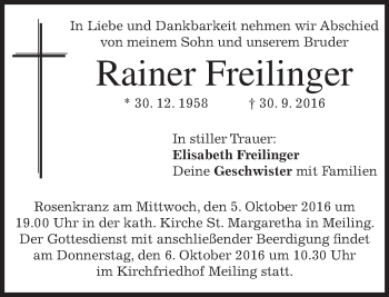 Traueranzeige von Rainer Freilinger von merkurtz