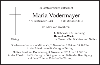 Traueranzeige von Maria Vodermayer von merkurtz