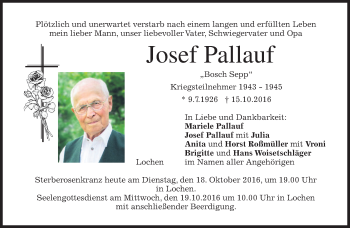 Traueranzeige von Josef Pallauf von merkurtz