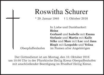 Traueranzeige von Roswitha Schurer von merkurtz