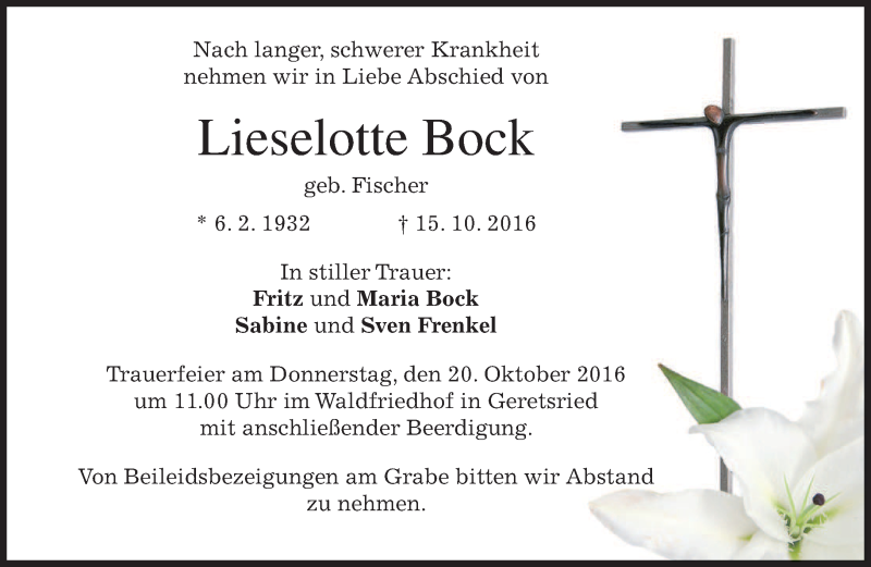  Traueranzeige für Lieselotte Bock vom 18.10.2016 aus merkurtz