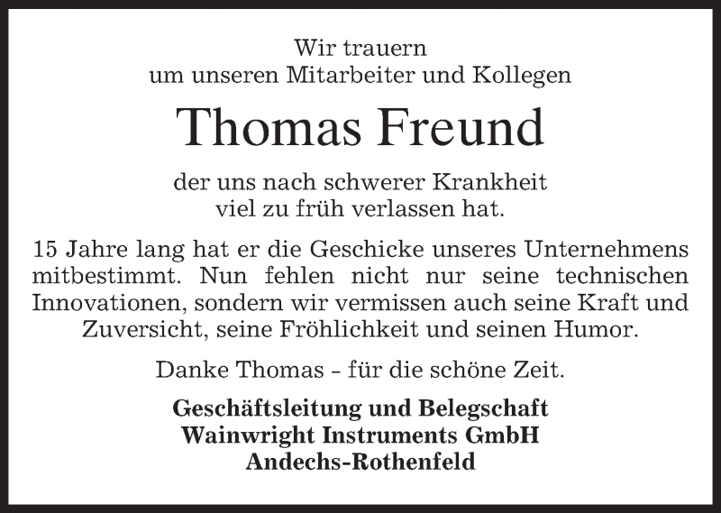  Traueranzeige für Thomas Freund vom 05.10.2016 aus merkurtz