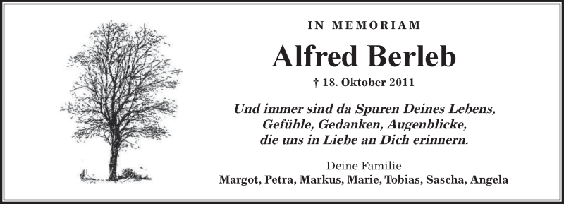  Traueranzeige für Alfred Berleb vom 18.10.2016 aus merkurtz