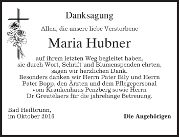 Traueranzeige von Maria Hubner von merkurtz