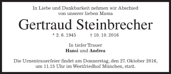 Traueranzeige von Gertraud Steinbrecher von merkurtz