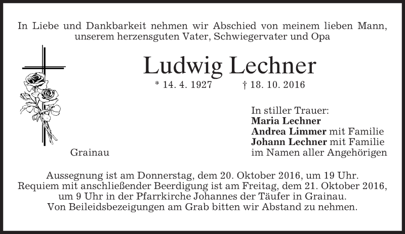  Traueranzeige für Ludwig Lechner vom 19.10.2016 aus merkurtz