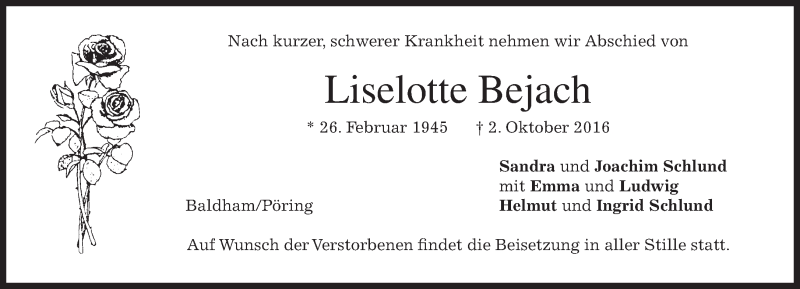  Traueranzeige für Liselotte Bejach vom 08.10.2016 aus merkurtz
