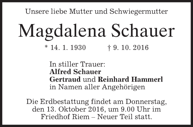  Traueranzeige für Magdalena Schauer vom 12.10.2016 aus merkurtz