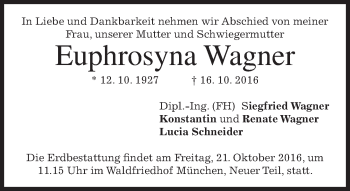 Traueranzeige von Euphrosyna Wagner von merkurtz