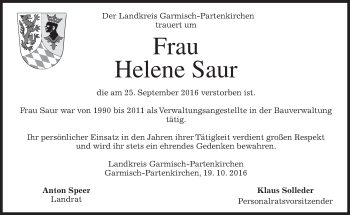 Traueranzeige von Helen Saur von merkurtz