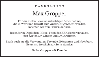 Traueranzeige von Max Gropper von merkurtz