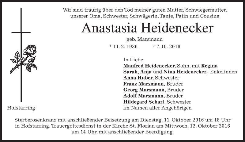  Traueranzeige für Anastasia Heidenecker vom 10.10.2016 aus merkurtz