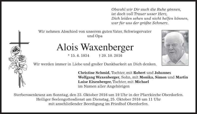  Traueranzeige für Alois Waxenberger vom 21.10.2016 aus merkurtz
