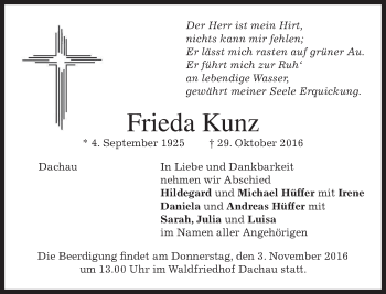 Traueranzeige von Frieda Kunz von merkurtz