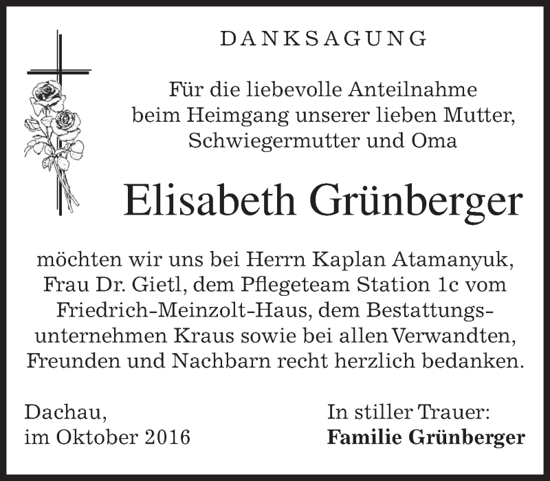  Traueranzeige für Elisabeth Grünberger vom 29.10.2016 aus merkurtz