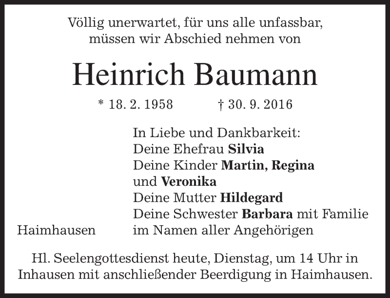  Traueranzeige für Heinrich Baumann vom 04.10.2016 aus merkurtz