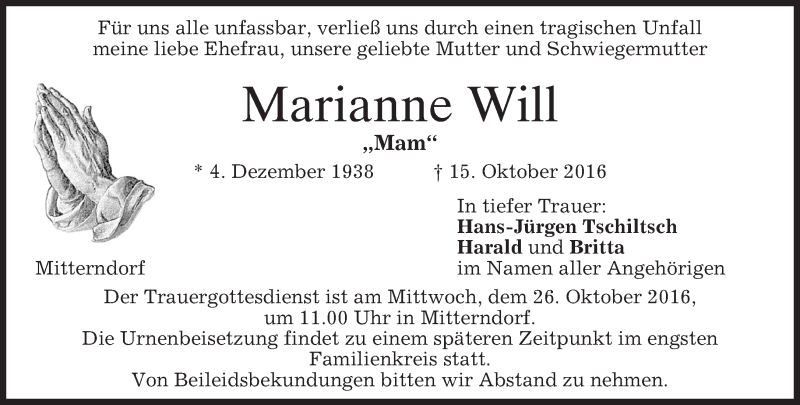  Traueranzeige für Marianne Will vom 22.10.2016 aus merkurtz