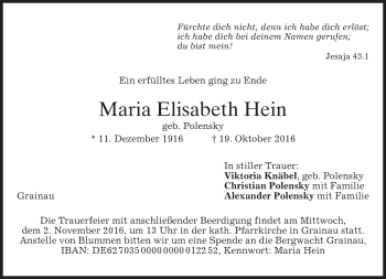 Traueranzeige von Maria Elisabeth Hein von merkurtz