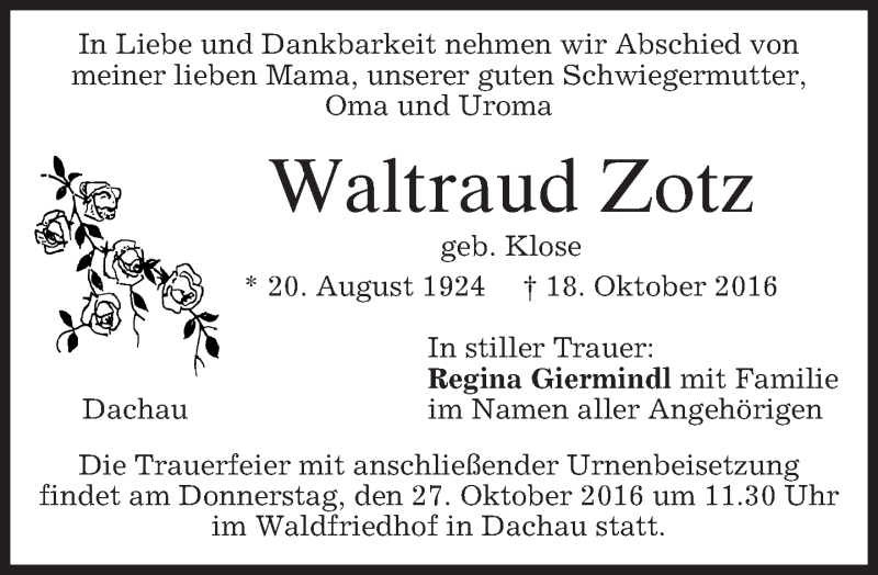 Traueranzeige für Waltraud Zotz vom 22.10.2016 aus merkurtz