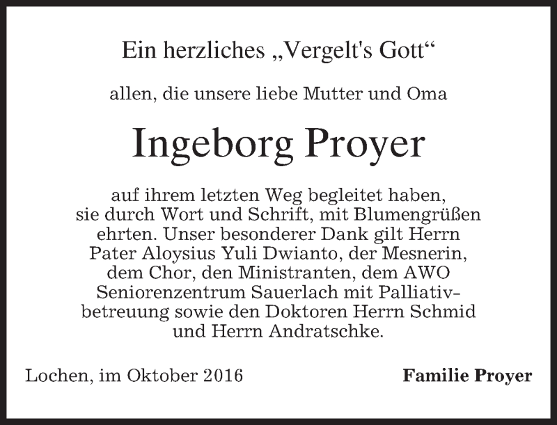  Traueranzeige für Ingeborg Proyer vom 15.10.2016 aus merkurtz