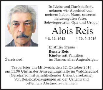 Traueranzeige von Alois Reis von merkurtz