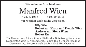 Traueranzeige von Manfred Wien von merkurtz