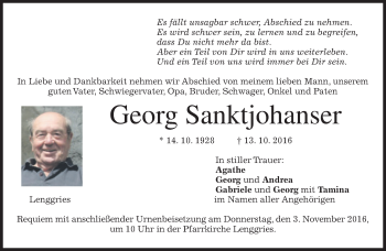 Traueranzeige von Georg Sanktjohanser von merkurtz