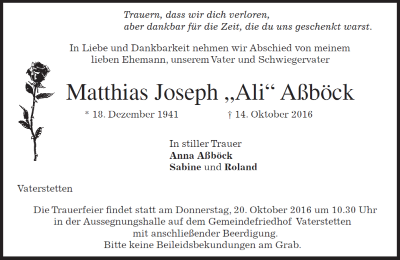  Traueranzeige für Matthias Joseph Aßböck vom 18.10.2016 aus merkurtz