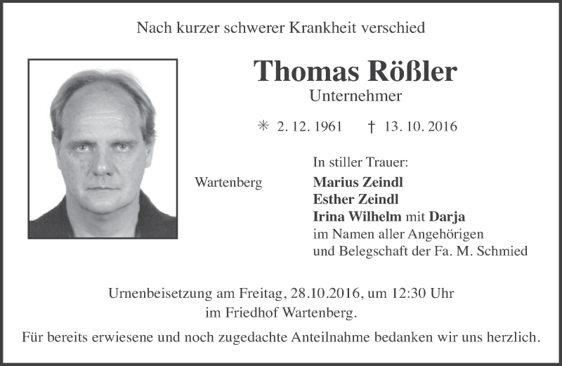  Traueranzeige für Thomas Rößler vom 22.10.2016 aus merkurtz