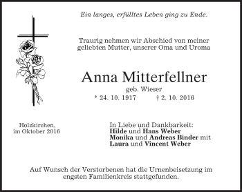 Traueranzeige von Anna Mitterfellner von merkurtz