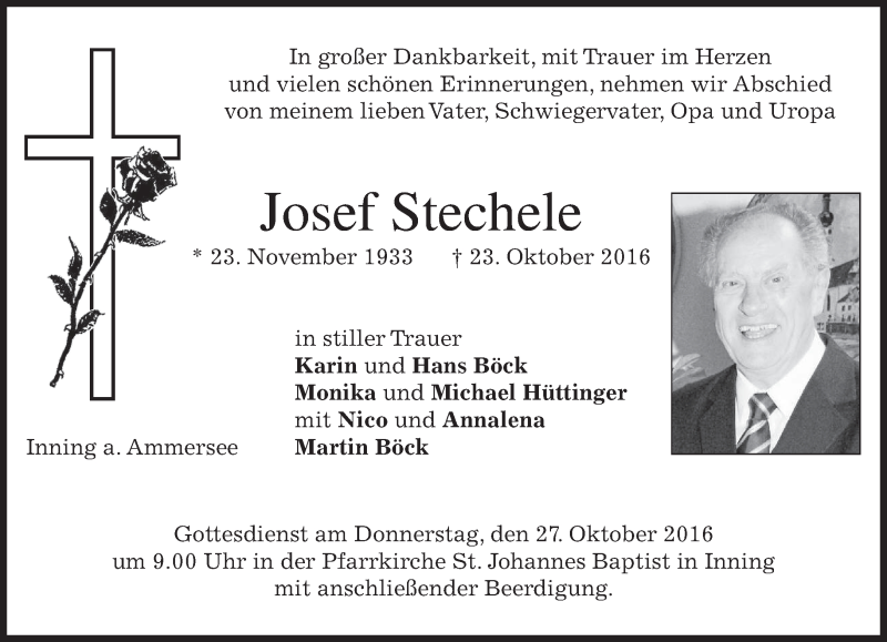  Traueranzeige für Josef Stechele vom 25.10.2016 aus merkurtz