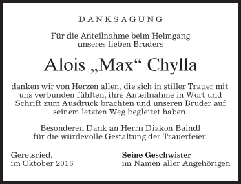 Traueranzeige von Alois Chylla von merkurtz