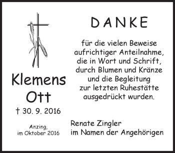 Traueranzeige von Klemens Ott von merkurtz