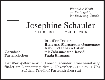 Traueranzeige von Josephine Schauler von merkurtz