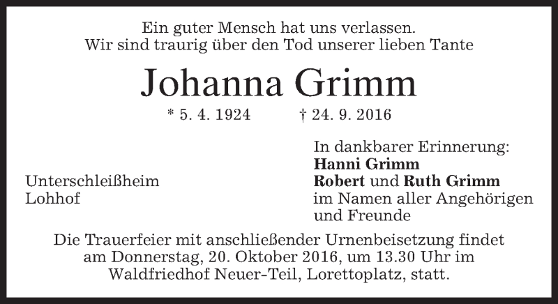  Traueranzeige für Johanna Grimm vom 15.10.2016 aus merkurtz