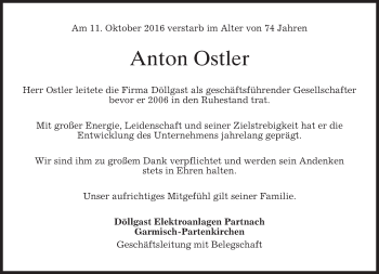 Traueranzeige von Anton Ostler von merkurtz