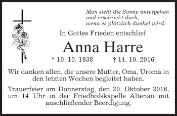 Traueranzeige von Anna Harre von merkurtz