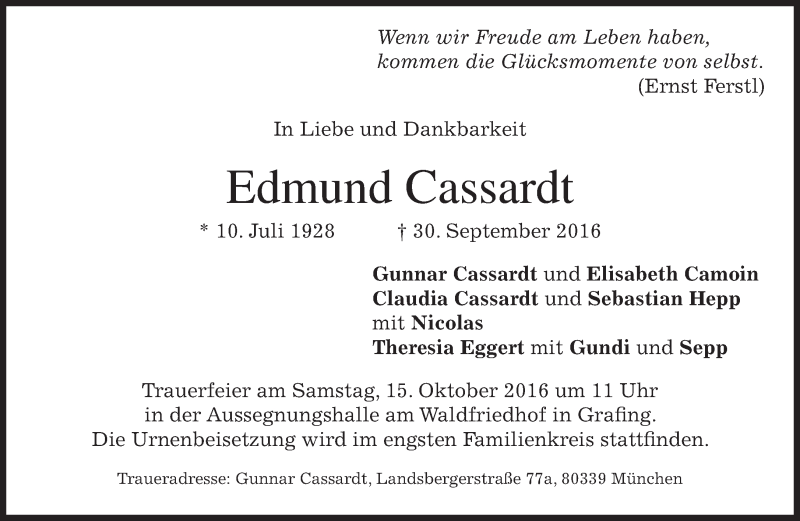  Traueranzeige für Edmund Cassardt vom 06.10.2016 aus merkurtz