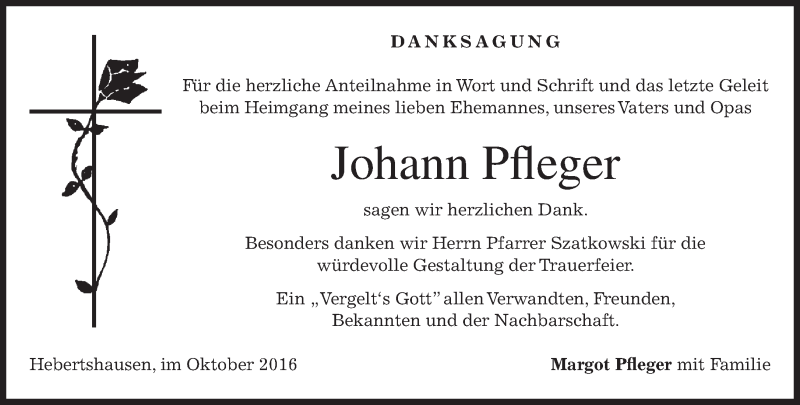  Traueranzeige für Johann Pfleger vom 15.10.2016 aus merkurtz