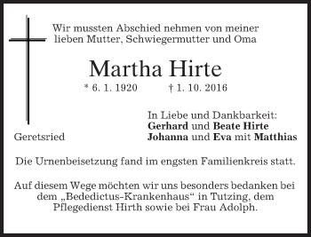 Traueranzeige von Martha Hirte von merkurtz