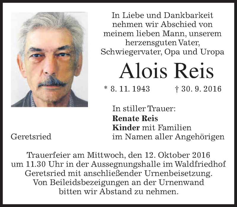  Traueranzeige für Alois Reis vom 08.10.2016 aus merkurtz