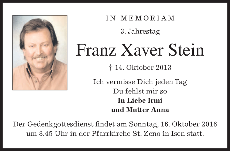  Traueranzeige für Franz Xaver Stein vom 14.10.2016 aus merkurtz