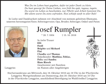 Traueranzeige von Josef Rumpler von merkurtz