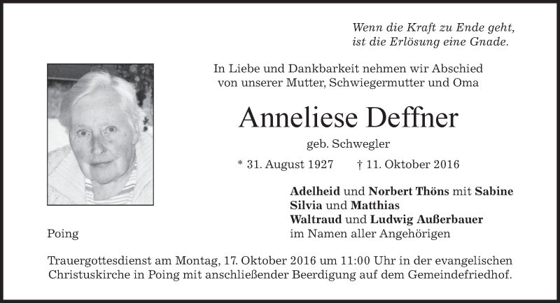  Traueranzeige für Anneliese Deffner vom 14.10.2016 aus merkurtz