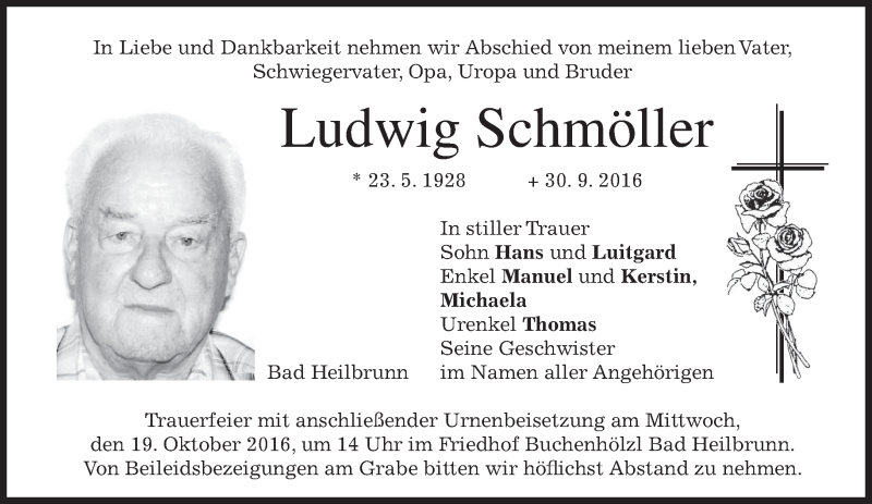  Traueranzeige für Ludwig Schmöller vom 17.10.2016 aus merkurtz