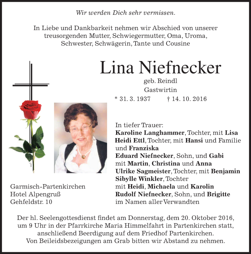  Traueranzeige für Lina Niefnecker vom 17.10.2016 aus merkurtz